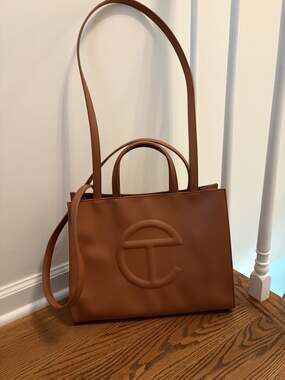 Telfar Women’s Brown Tote Bag Logo Pattern Double Handles Top Handle Handbag